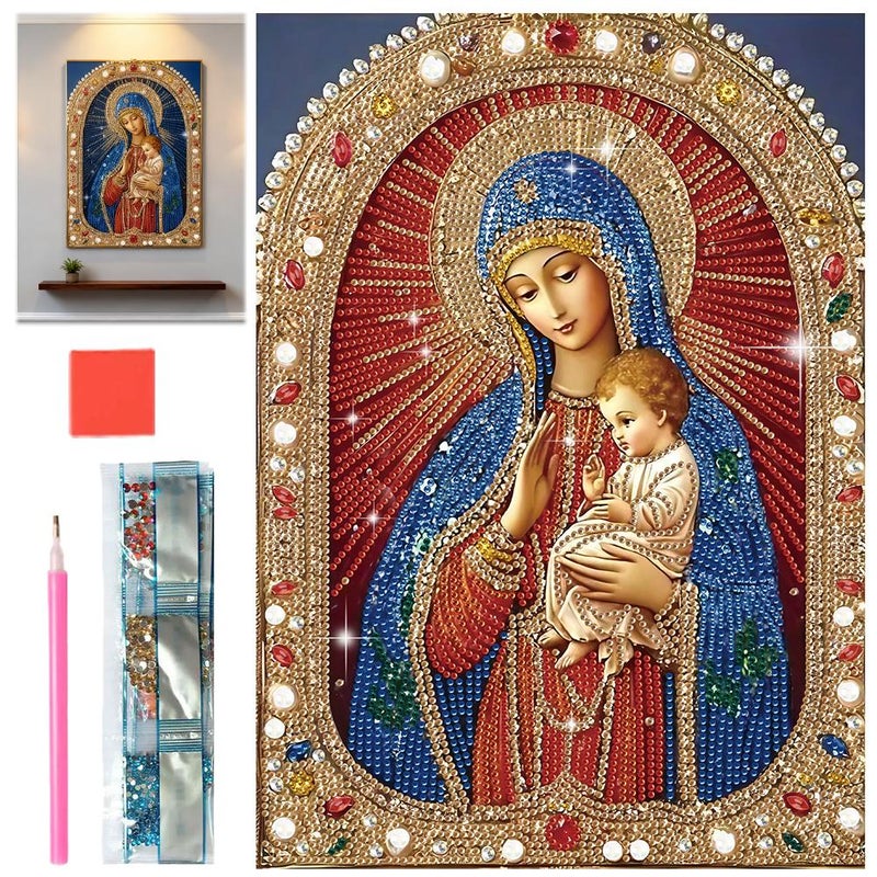 رسم الماس 5D DIY: تطريز الماس الدائري لمريم العذراء، 3040 ماسة دينية جديدة على شكل - Image 1